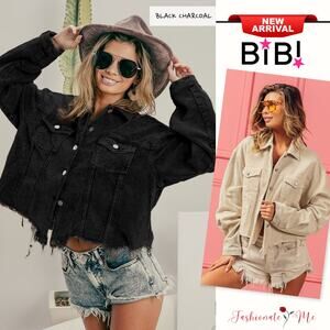 BiBi Vintage Washed Distressed Front Hem Relaxed Fit Corduroy Jacket | Charcoal